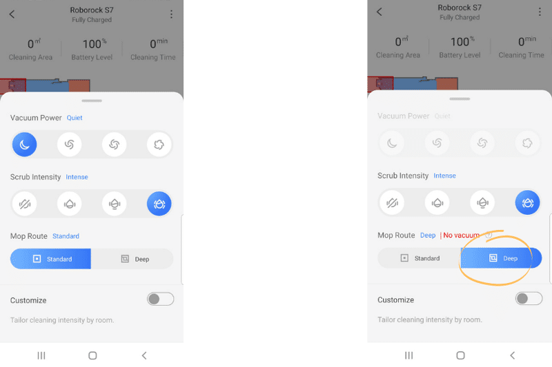 Активация режима тщательного протирания в мобильном приложении Арр Roborock S7